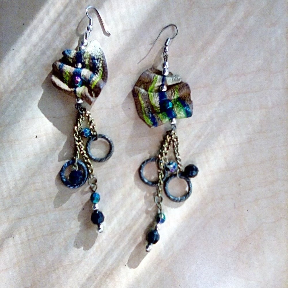 Blue/Green/ Beads on Suede Dangle Earrings 4" long